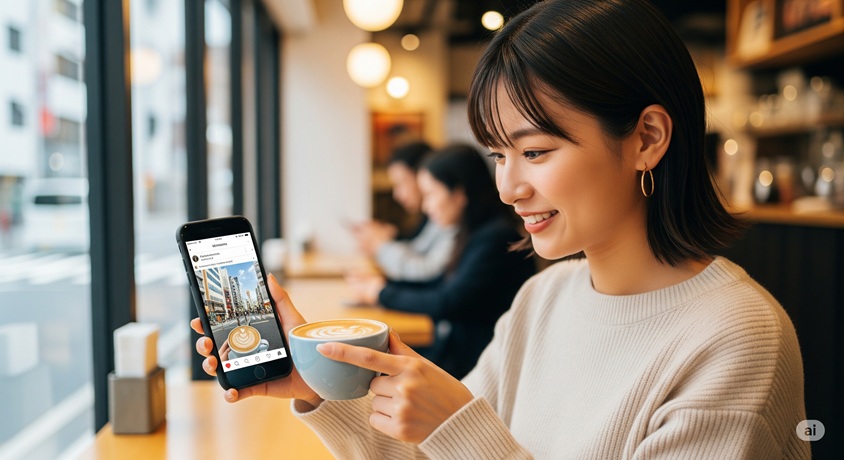 カフェでくつろぎながら、スマートフォンでインスタグラムをチェックする箕輪三香さんのイメージ画像。