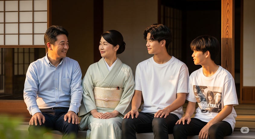 箕輪厚介さん、妻の三香さん、そして二人の息子さんという家族4人の仲睦まじい様子をイメージした画像。