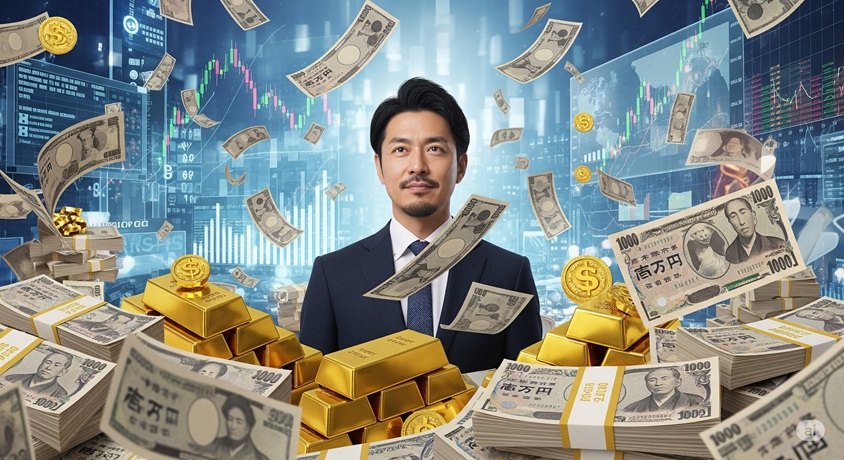 箕輪厚介さんの高額な年収をイメージした、札束と金塊に囲まれる男性の画像。