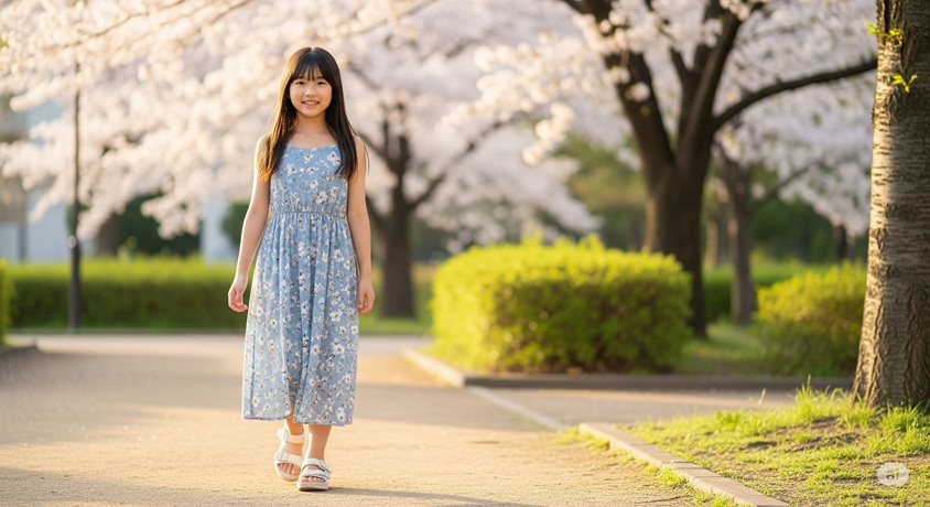 桜の木が並ぶ公園の道を歩いている、水色の花柄のドレスを着た小さな日本人女性の子供の全身です。