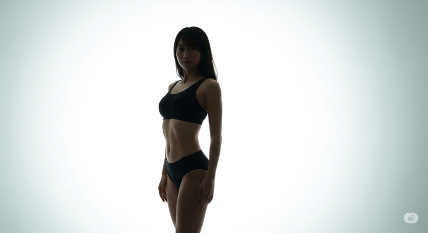 白い背景に立つ日本人女性のシルエットで、彼女の細身の体型が強調されています。