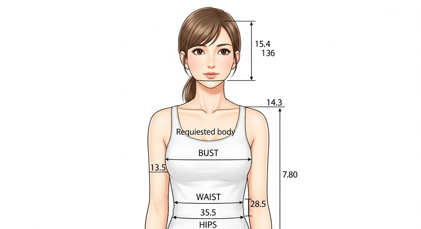日本人女性の体のイラストで、バスト、ウエスト、ヒップの周りに測定値を示す線と数字が描かれています。