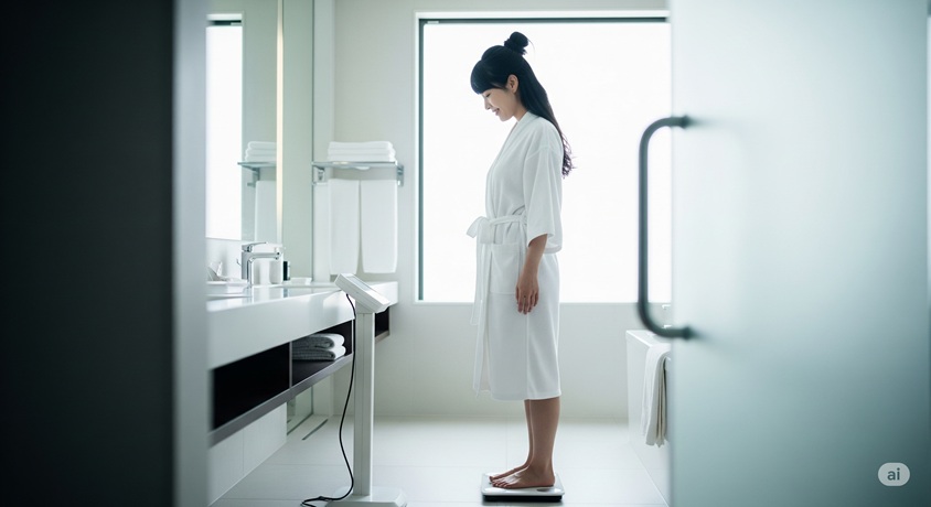 バスルームで体重計に乗っているローブ姿の日本人女性の横顔です。
