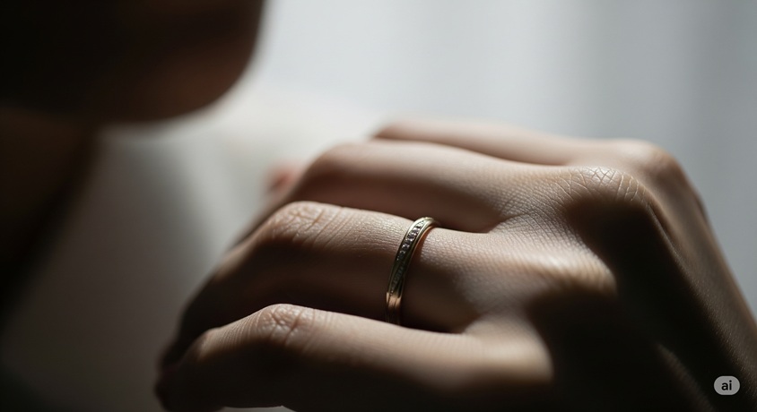 結婚指輪をはめた指のクローズアップ画像です。