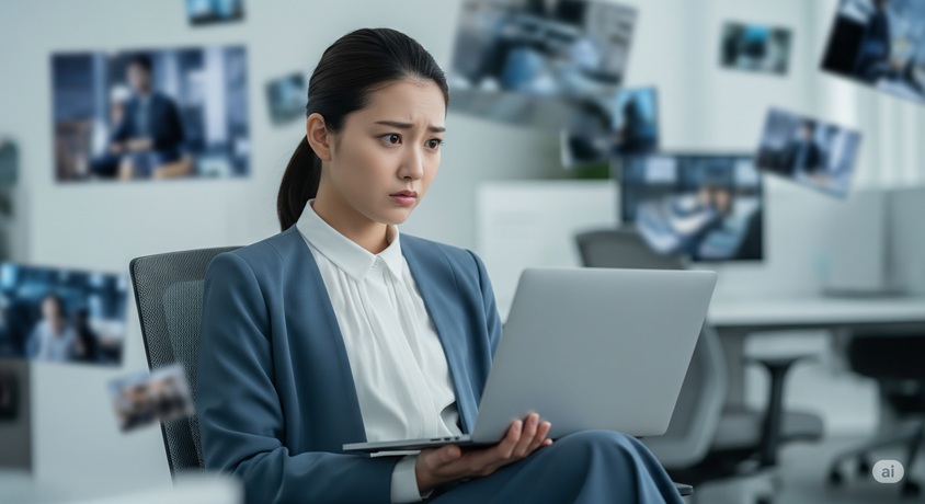 ノートパソコンを見つめながら困惑した表情を浮かべる日本人女性の周囲に、複数の画像が浮かんでいる様子です。