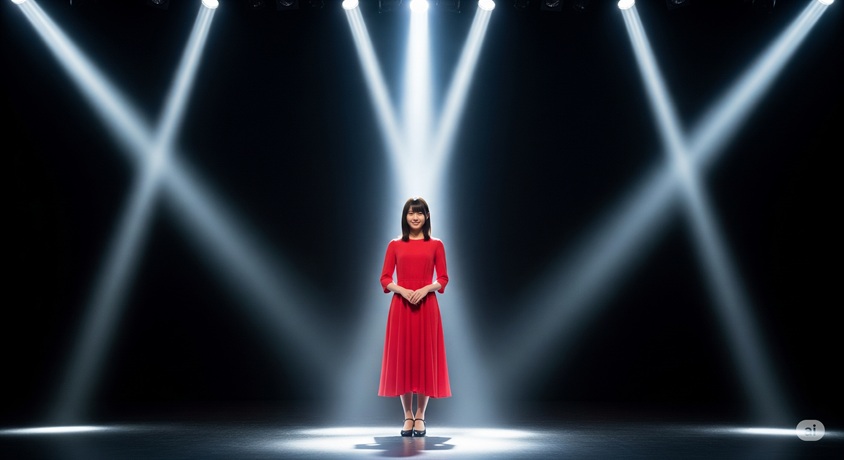 スポットライトを浴びたステージの中央に赤いワンピースを着た若い日本人女性が立っている画像です。
