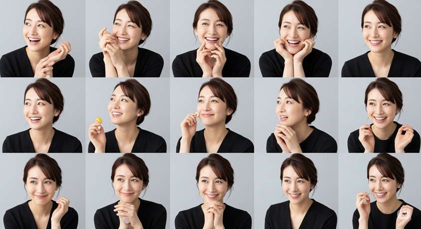 さまざまな表情を見せる日本人女性が、複数の小さなフレームに収められて並べられた画像です。
