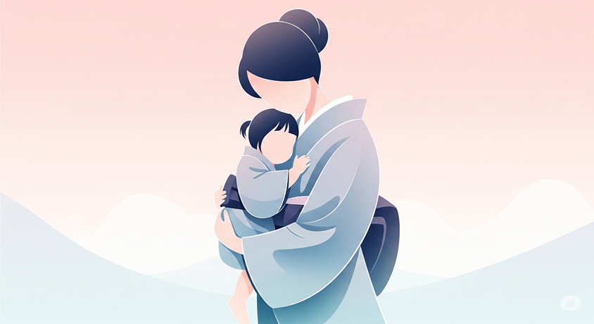 抽象的なイラストで、着物のような服を着た母親が子供を抱いている画像です。