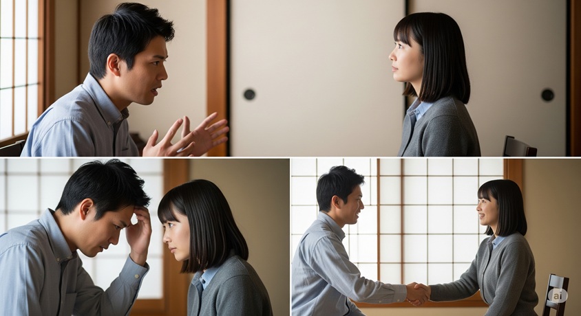 3分割された画像で、男女が話し合い、悩む様子、そして最終的に握手をして和解する一連の流れが描かれています。