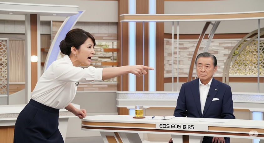 ニューススタジオで怒った表情で指をさす女性アナウンサーと、冷静な様子の男性コメンテーターが映っています。