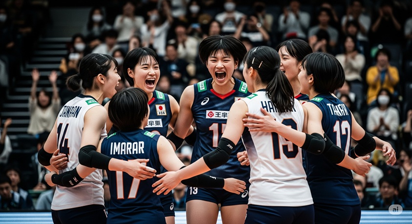 試合中に歓喜する日本人女子バレーボールチームの選手たち。
