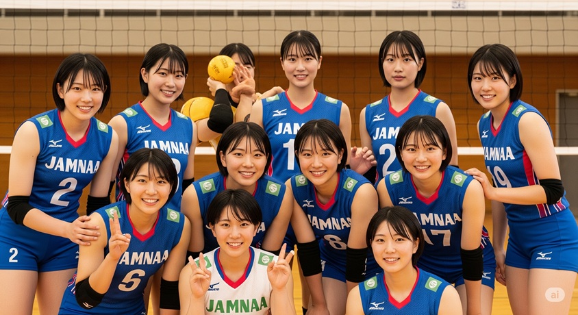 笑顔でカメラを見る日本人女子バレーボールチームの集合写真。