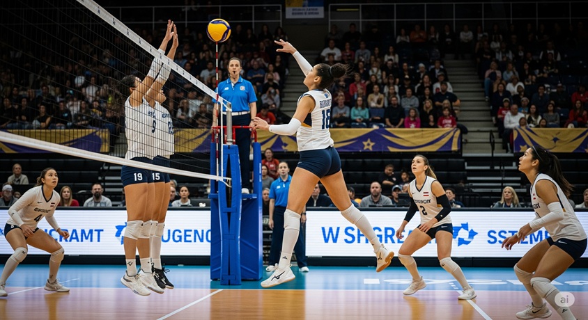 試合中にネット際で攻防を繰り広げる女子バレーボール選手たち。