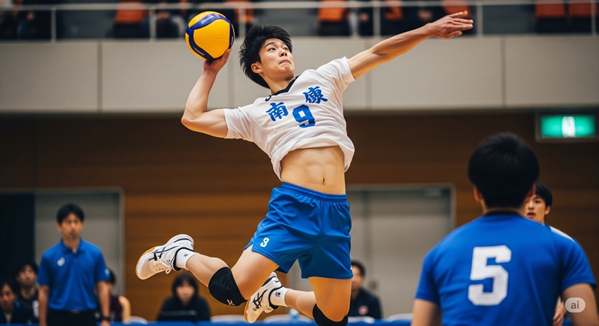 高くジャンプしてスパイクを打つ日本人男子バレーボール選手。