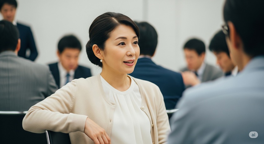 会議中に笑顔で話す日本人女性
