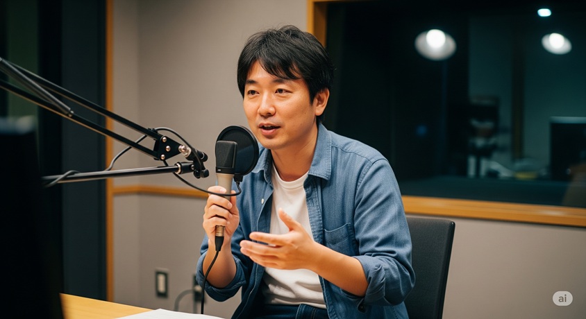 ラジオブースでマイクに向かって話す日本人男性