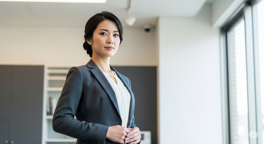 オフィスで自信に満ちた表情で立っている日本人女性。