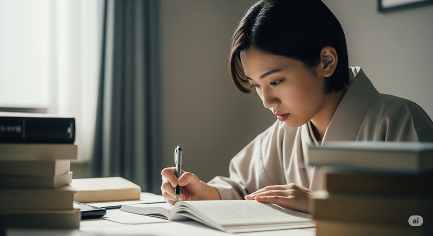 複数の本がある机で、ノートにペンで何かを書いている日本人女性。