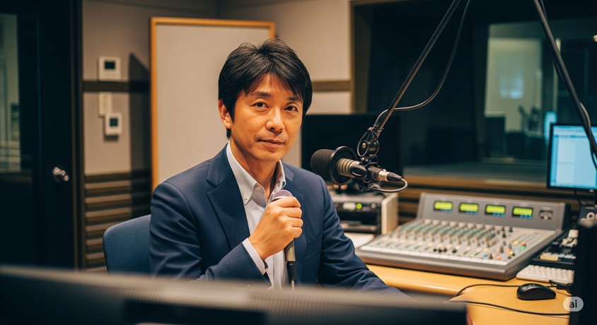 ラジオブースでマイクを持ち、正面を見ている日本人男性。