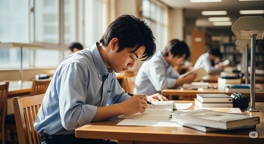 図書館で机に向かい、集中して本を読んでいる日本人男性。