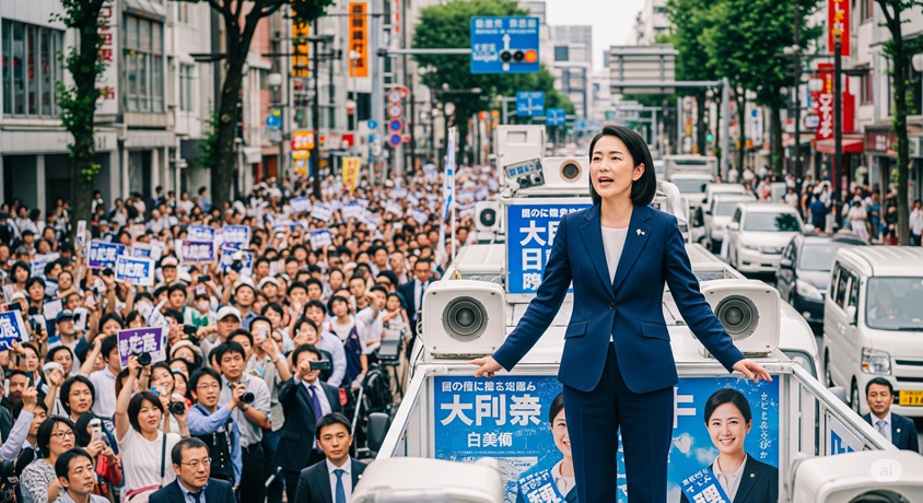 スーツ姿の女性政治家が選挙カーの上で、大勢の聴衆に向かって力強く演説している様子