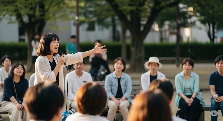 公園のベンチに座る人々に、女性がマイクを持って身振りを交えながら熱心に語りかけている様子