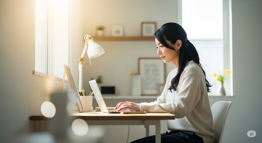 明るい日差しが差し込む部屋で、女性がパソコンに向かってデスクワークをしている穏やかな風景