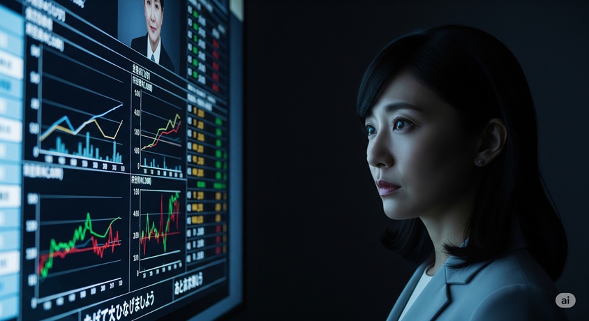 暗い部屋で、女性がグラフや数字が映し出された大きな画面を真剣な表情で見つめている様子
