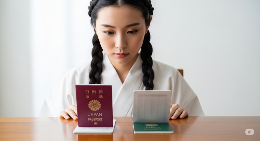 和服を着た女性が、テーブルの上に置かれた2冊のパスポートを深刻な表情で見比べている様子のイラスト