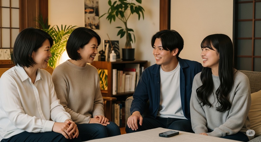 リビングで若い息子と娘を含む家族が、ソファに座ってにこやかに談笑している和やかな光景