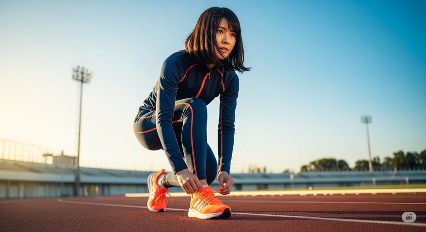 陸上トラックの上で、女性が再び走り出す準備をするかのように、決意を秘めた表情で靴紐を結んでいる