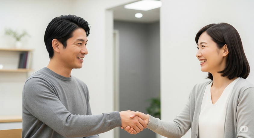 オフィスのような場所で、男女が笑顔で握手を交わしており、良好な関係性をうかがわせる様子