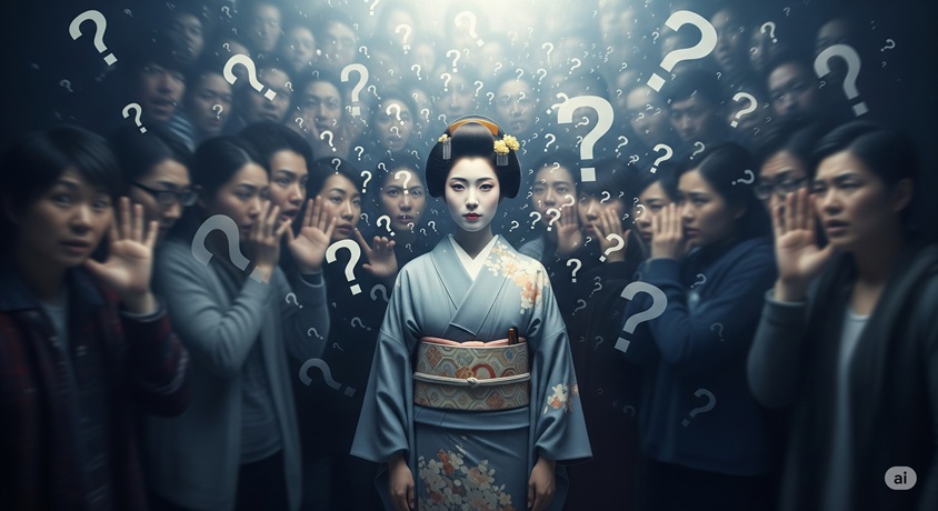 着物姿の女性が、多くの人々のささやき声や疑問符に囲まれながら、毅然とした表情で立っているイラスト