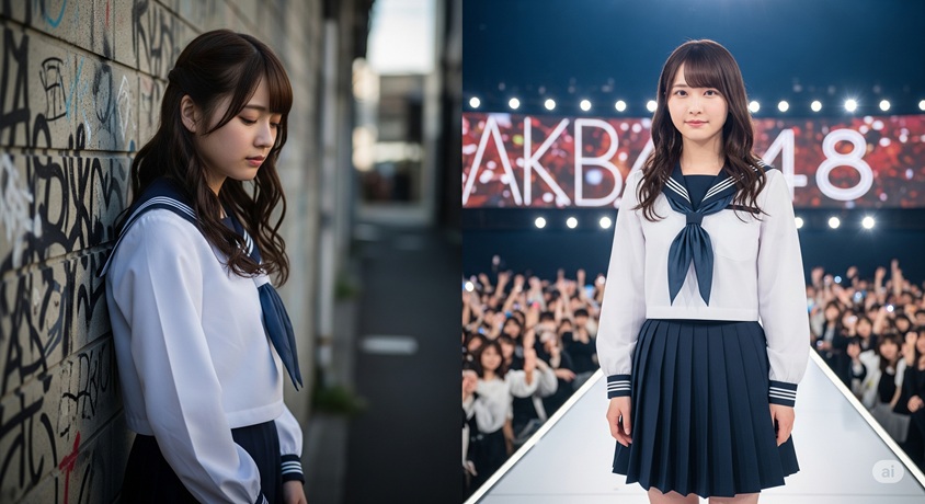  若い女性が学校の制服を着て、一方では落書きのある壁に寄りかかって物思いにふけり、もう一方では「AKB48」の文字と観客の前でポーズを取っている様子。