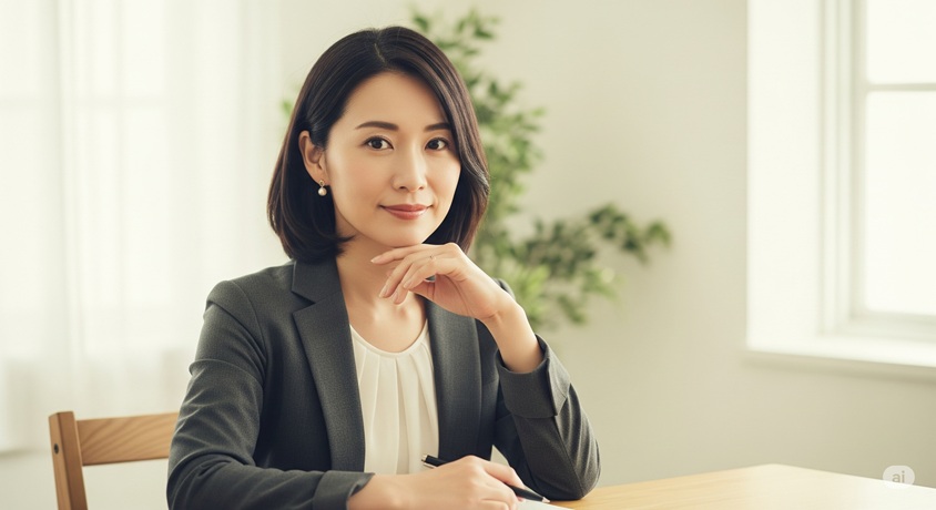 落ち着いた表情で机に座り、ペンを持つ日本のビジネスウーマン。