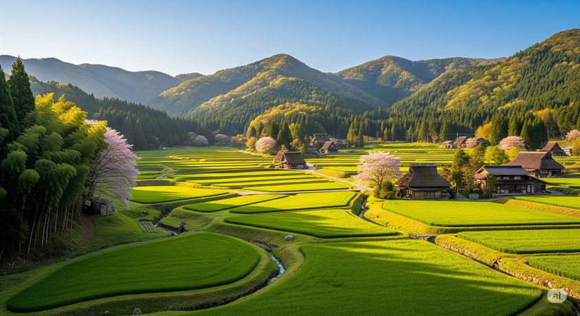 緑豊かな田園風景が広がる日本の山間部。