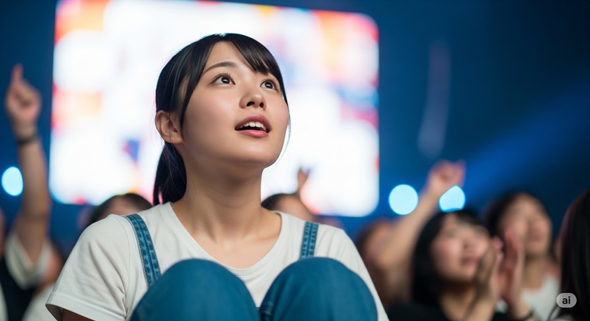  コンサート会場でステージを見上げ、感動している様子の日本の若い女性。