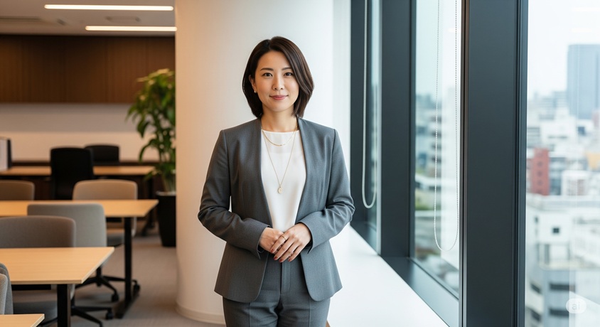 オフィスで自信に満ちた表情で立つ日本の女性プロデューサー。