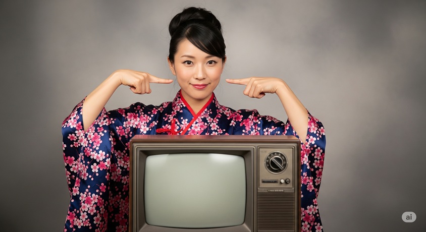 テレビの前に座り、あざとい仕草をしている着物姿の日本の女性。