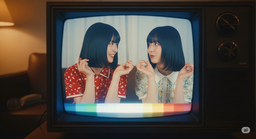 古いテレビ画面の中で、お互いにあざといポーズを取る2人の日本人女性。