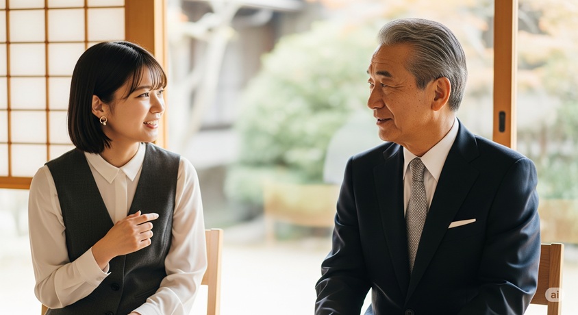 年配の男性と穏やかに会話している若い日本人女性。