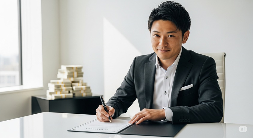 オフィスで契約書にサインしている日本人男性。