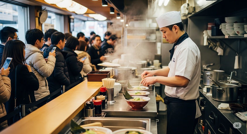 繁盛しているラーメン店で、日本人シェフがラーメンを調理している様子。