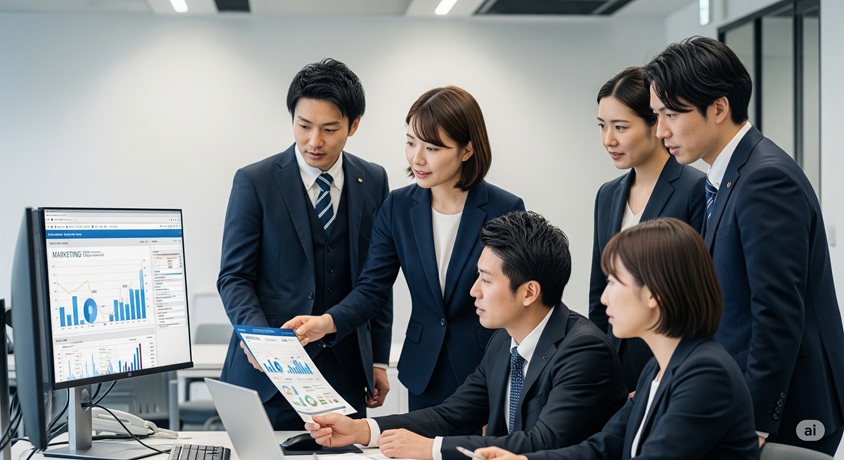 オフィスでマーケティングの資料を分析している日本のビジネスパーソンたち。