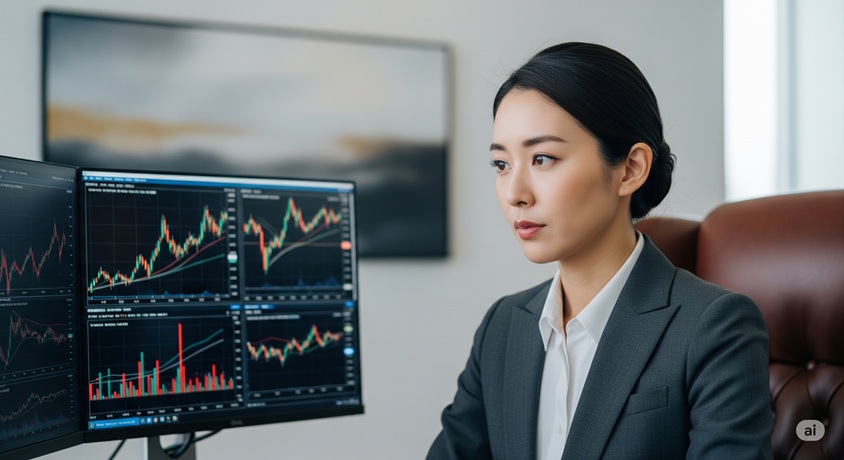 モニターに株価チャートを表示させ、真剣な表情でそれを見つめる日本人女性。