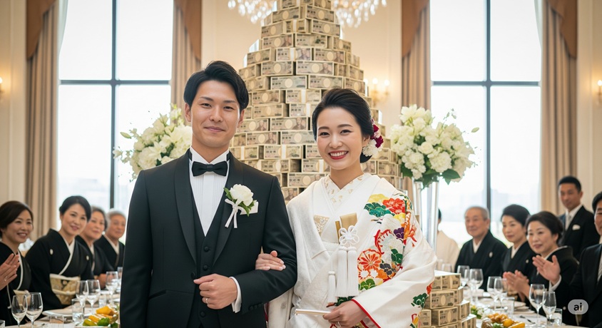 和装とタキシード姿の日本人夫婦が、札束で作られたケーキの前で笑顔を見せている結婚式の様子。