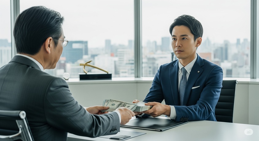 フィスで日本人男性が別の日本人男性から札束を受け取っている様子。