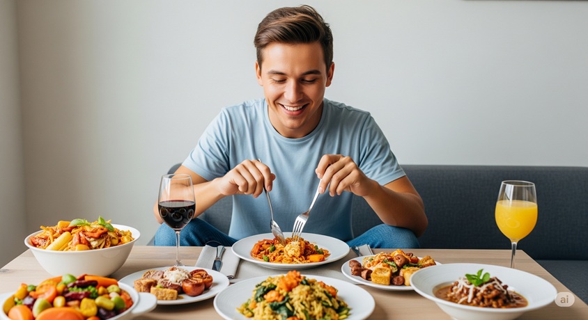 大量の料理を笑顔で食べる男性の画像です。
