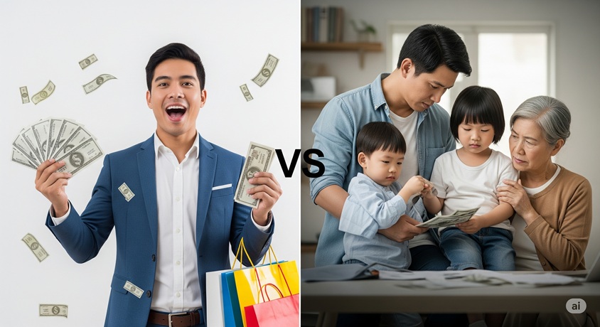 "扶養家族がいる世帯との違いのイメージ:お金を持つ独身男性と家族の比較">