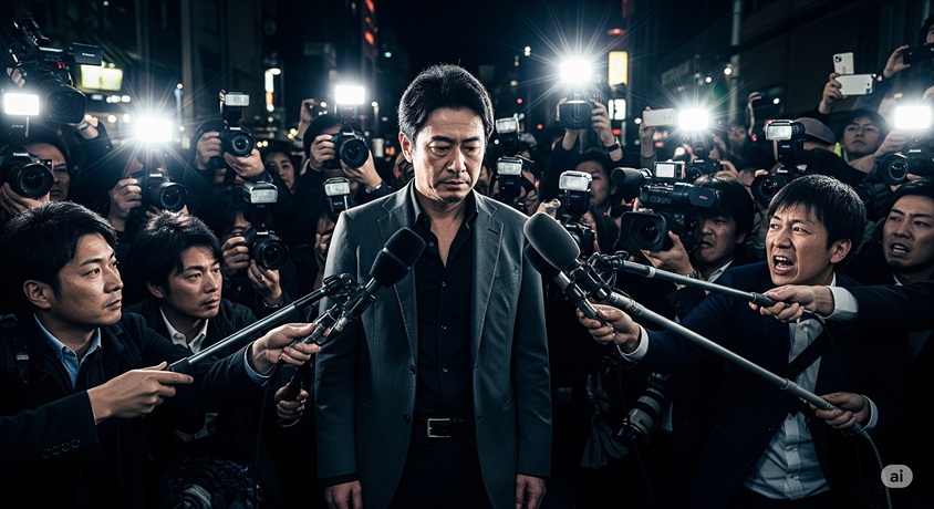 「多数のフラッシュを浴びる男性とマイク」という表現が適切です。